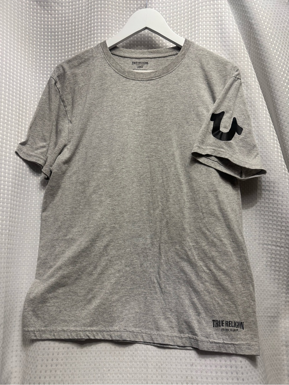 True Religion Heather Gray Short Sleeve Logo Tee with Black Emblem